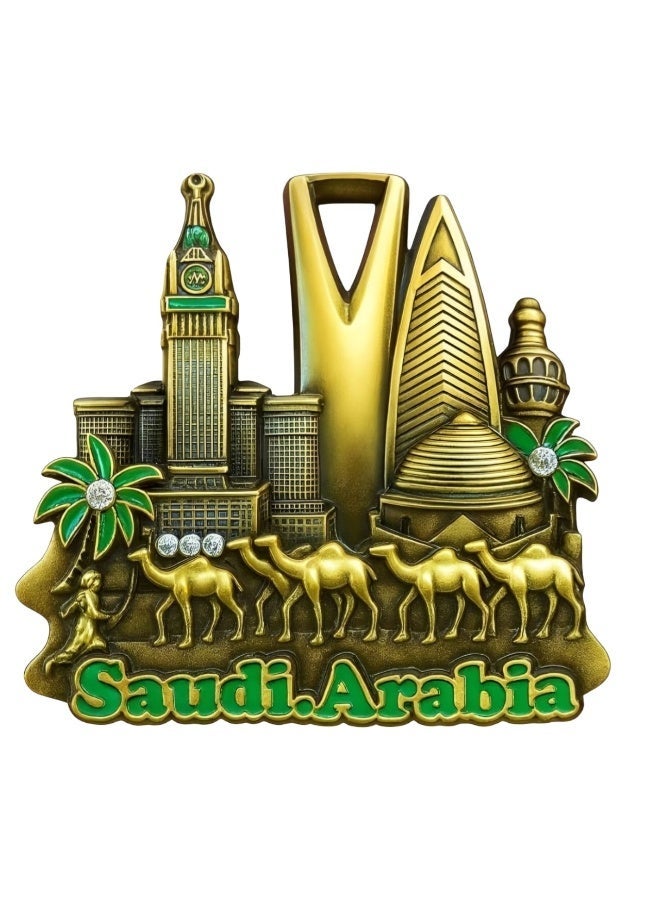 هدايا تذكارية عربية مجموعة طقم ٣ قطع مغناطيس معدني ثلاثي الأبعاد لمعالم السعودية – أبراج المملكة والفيصلية وبرج الساعة مع جمال ونخيل – ألوان ذهبي وفضي وبرونزي – ديكور ثلاجة فاخر - Image 3